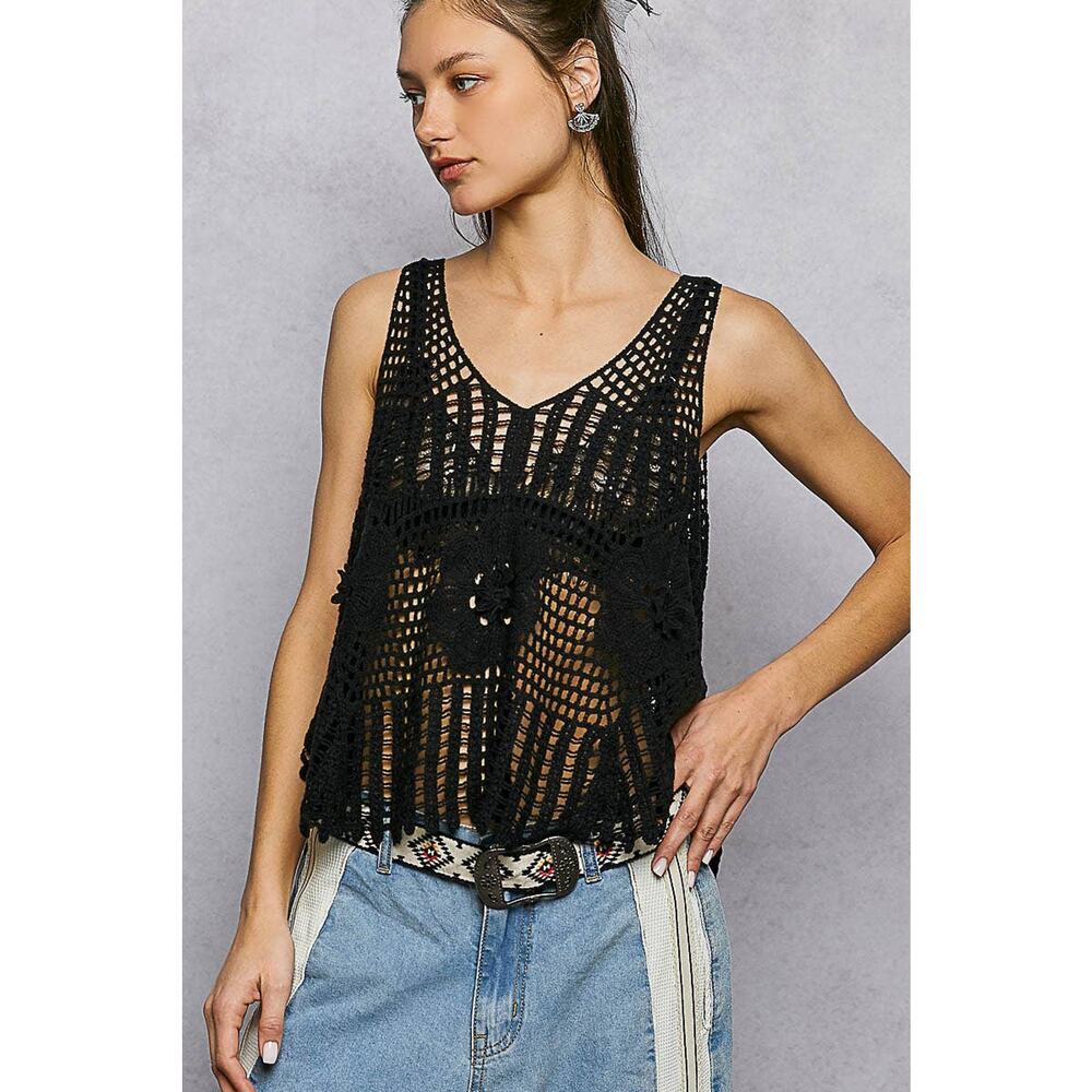 POL Black Crochet Tank Top